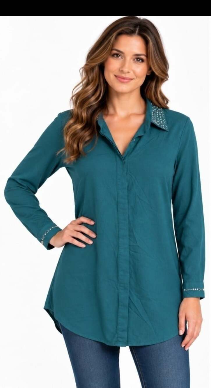 Angie Women’s Small Teal Beaded Collar Long Sleeve Tunic Blouse Shirt New T110